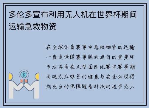 多伦多宣布利用无人机在世界杯期间运输急救物资