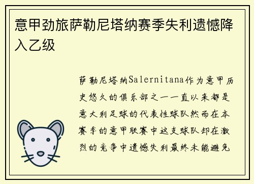 意甲劲旅萨勒尼塔纳赛季失利遗憾降入乙级